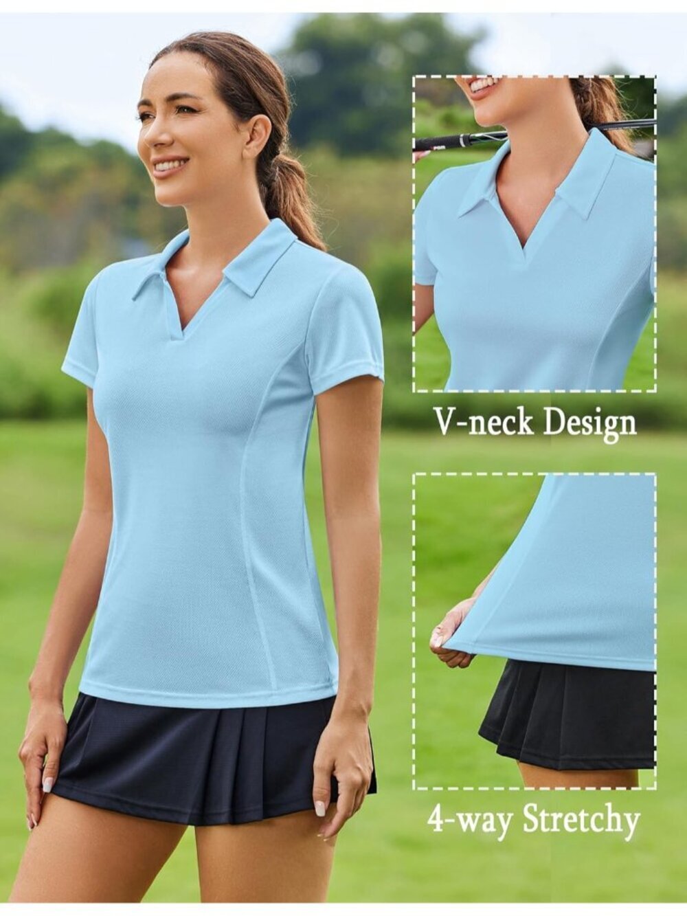 Womens Sky Blue Golf Shirt Short Sleeve Quick Dry V-Neck Tennis Tops Fit - Picture 4 of 4